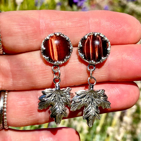 Sterling Maple Leaves And Red Tigers Eye Earrings