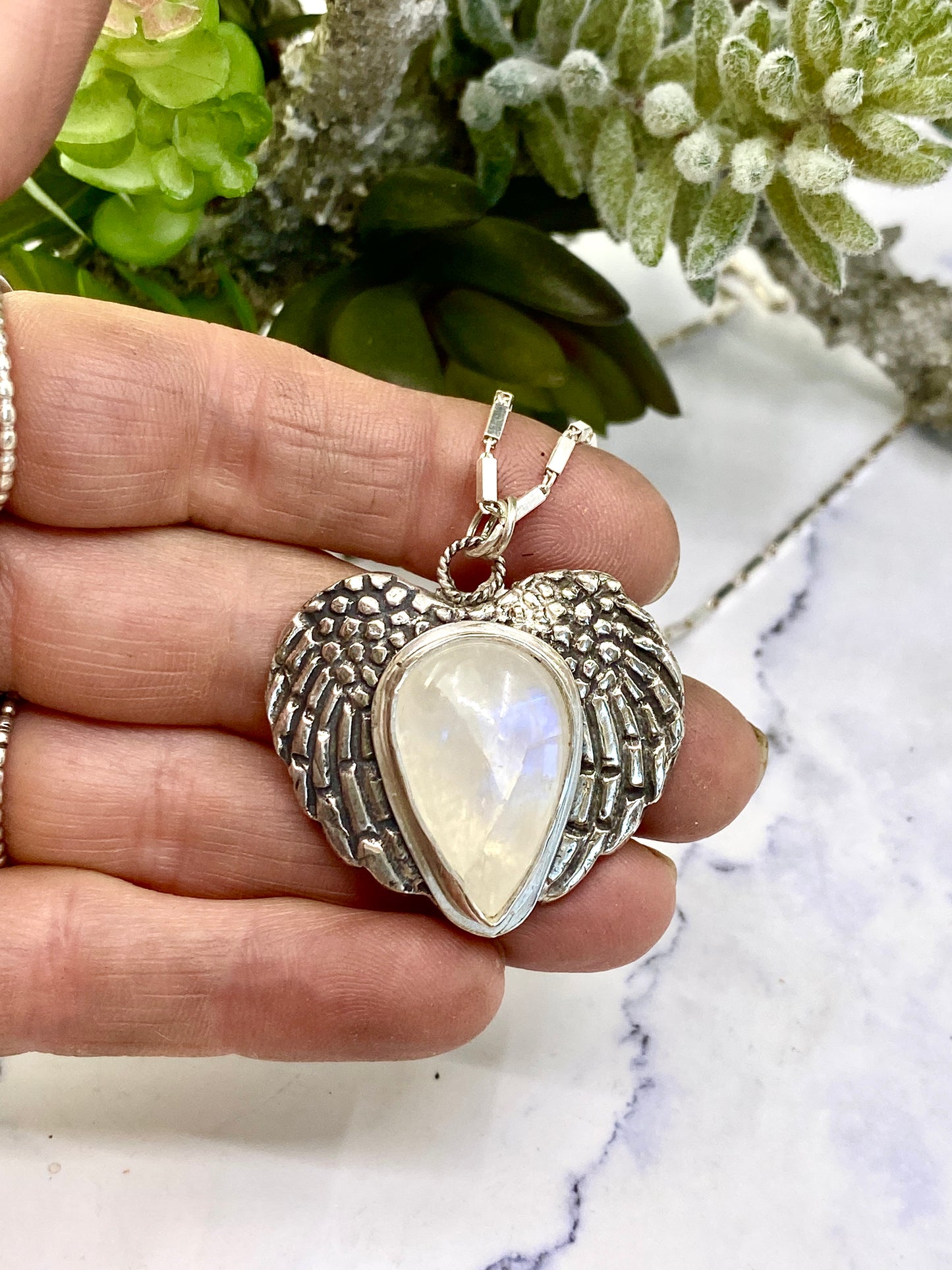 Sterling Silver And Rainbow Moonstone Angel Wing Necklace