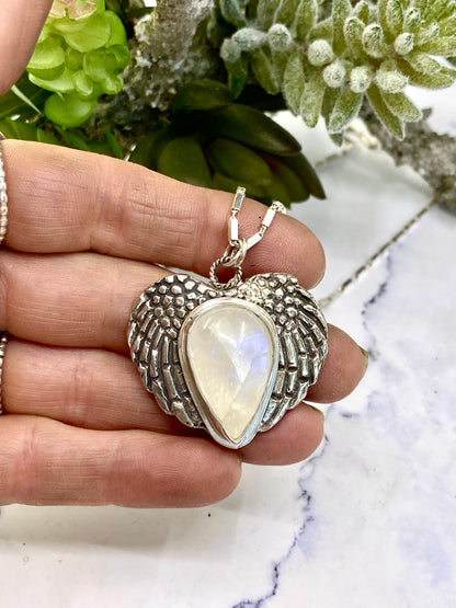 Sterling Silver And Rainbow Moonstone Angel Wing Necklace