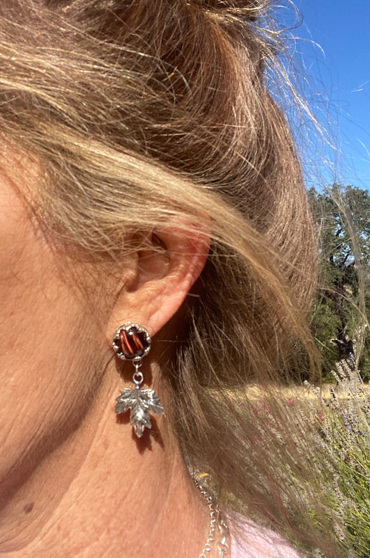 Sterling Maple Leaves And Red Tigers Eye Earrings