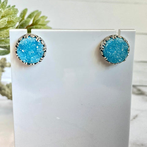 Sky Blue Quartz Druzy And Sterling Silver Post Earrings.