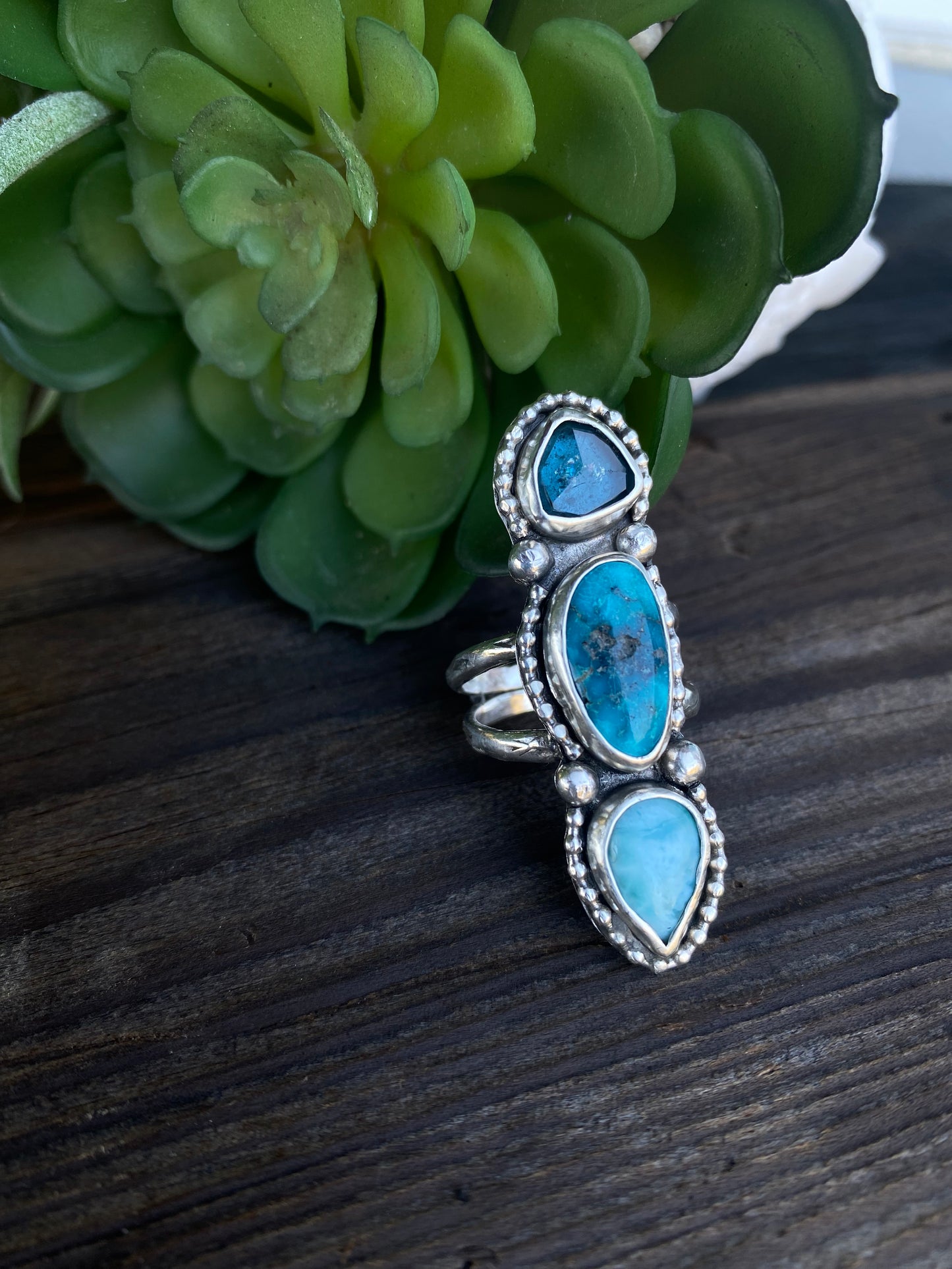 Totem Ring- Sterling silver, Kingman Turquoise, Larimar & Kyanite