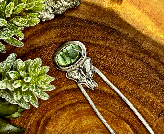 Hair Sticks -Sterling Silver And Labradorite Luna Moth