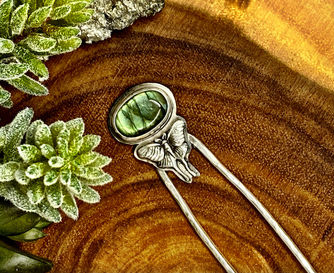 Hair Sticks -Sterling Silver And Labradorite Luna Moth