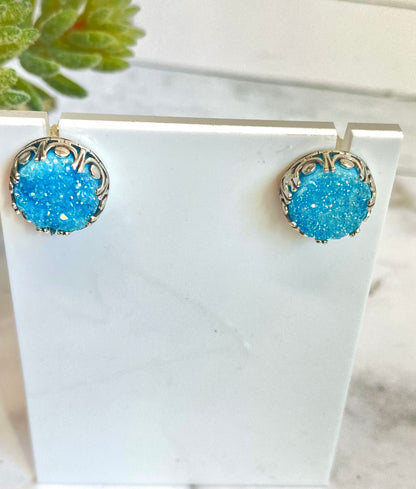 Sky Blue Quartz Druzy And Sterling Silver Post Earrings.