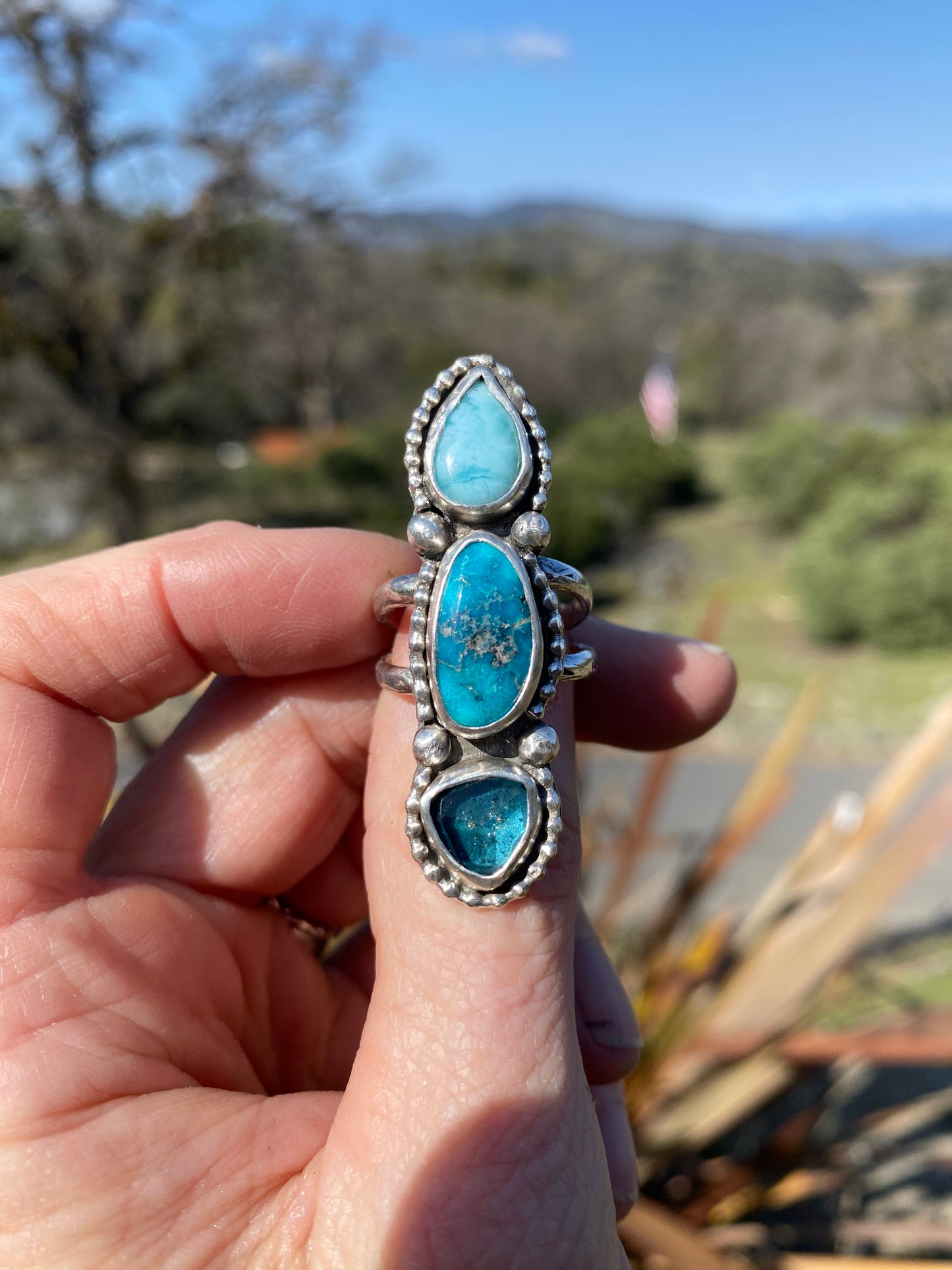 Totem Ring- Sterling silver, Kingman Turquoise, Larimar & Kyanite