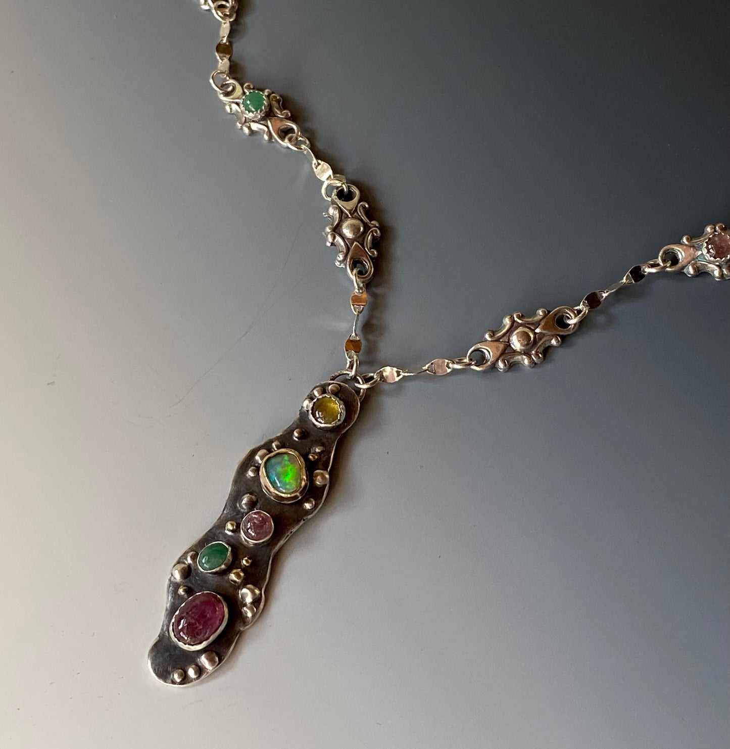 Recycled 18k Gold  & Sterling Silver, Tourmaline,Opal, Emerald- Spring In Bloom Necklace