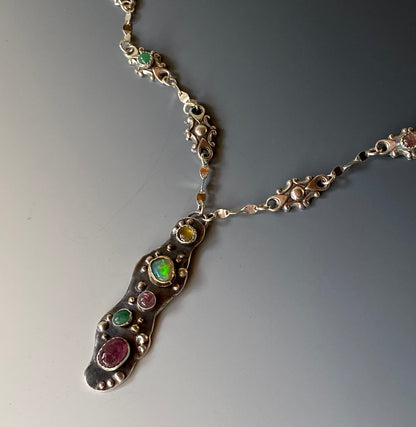 Recycled 18k Gold  & Sterling Silver, Tourmaline,Opal, Emerald- Spring In Bloom Necklace
