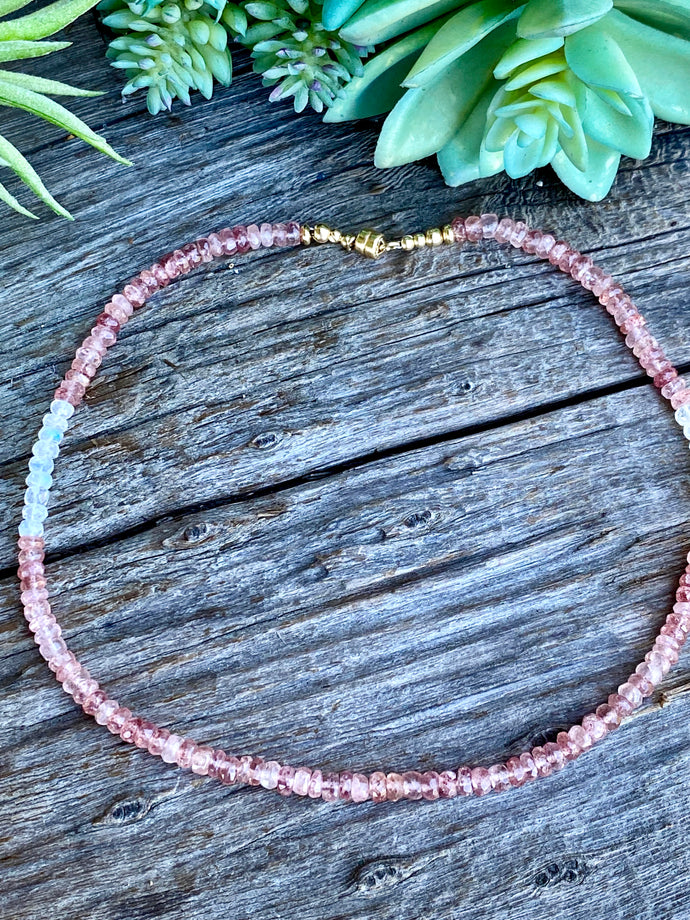 Pink Tourmaline And Rainbow Moonstone Faceted Gemstone Necklace