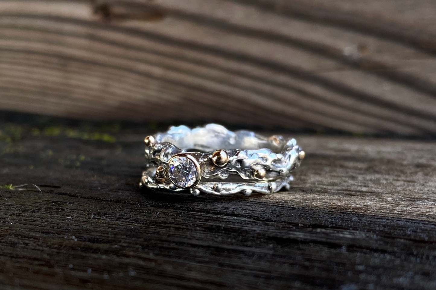 Princess Bride Ring - Recycled Sterling Silver & 14k Yellow Gold With Moissanite (Man Made Diamond).