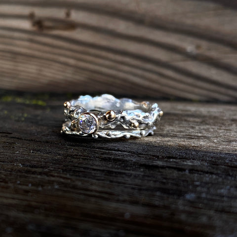 Princess Bride Ring - Recycled Sterling Silver & 14k Yellow Gold With Moissanite (Man Made Diamond).