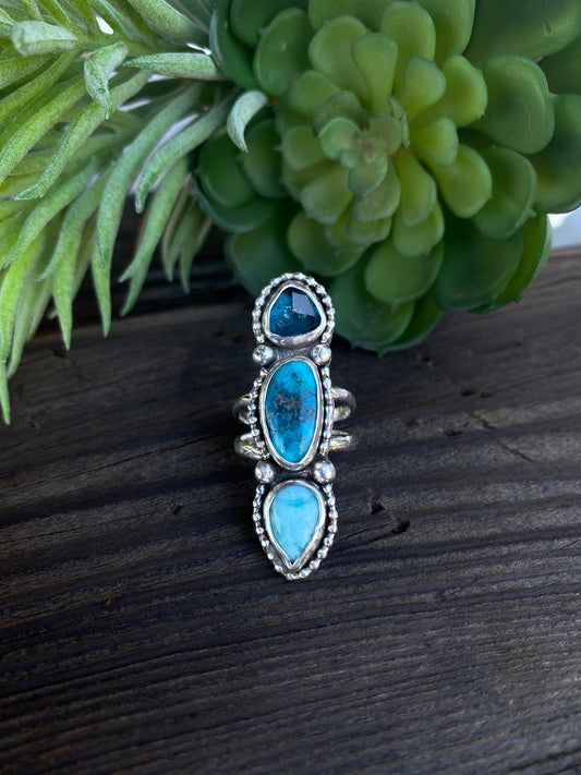 Totem Ring- Sterling silver, Kingman Turquoise, Larimar & Kyanite