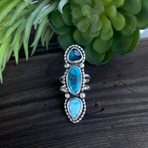 Totem Ring- Sterling silver, Kingman Turquoise, Larimar & Kyanite