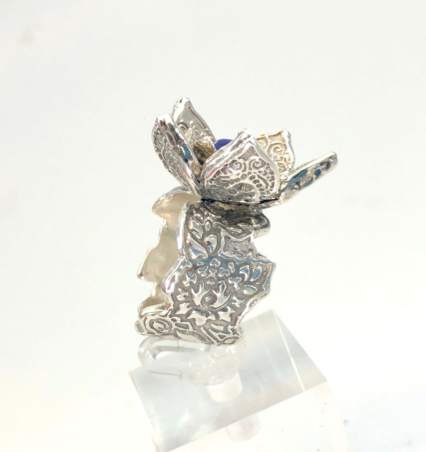 Sterling Lotus Flower Statement Ring with Lapis Center