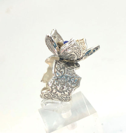 Sterling Lotus Flower Statement Ring with Lapis Center