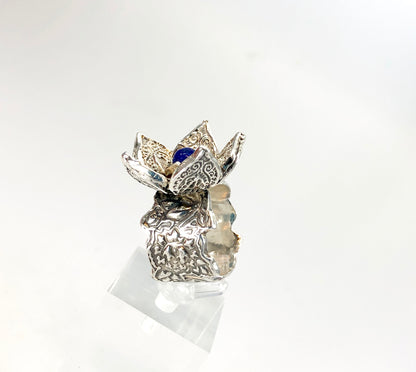 Sterling Lotus Flower Statement Ring with Lapis Center