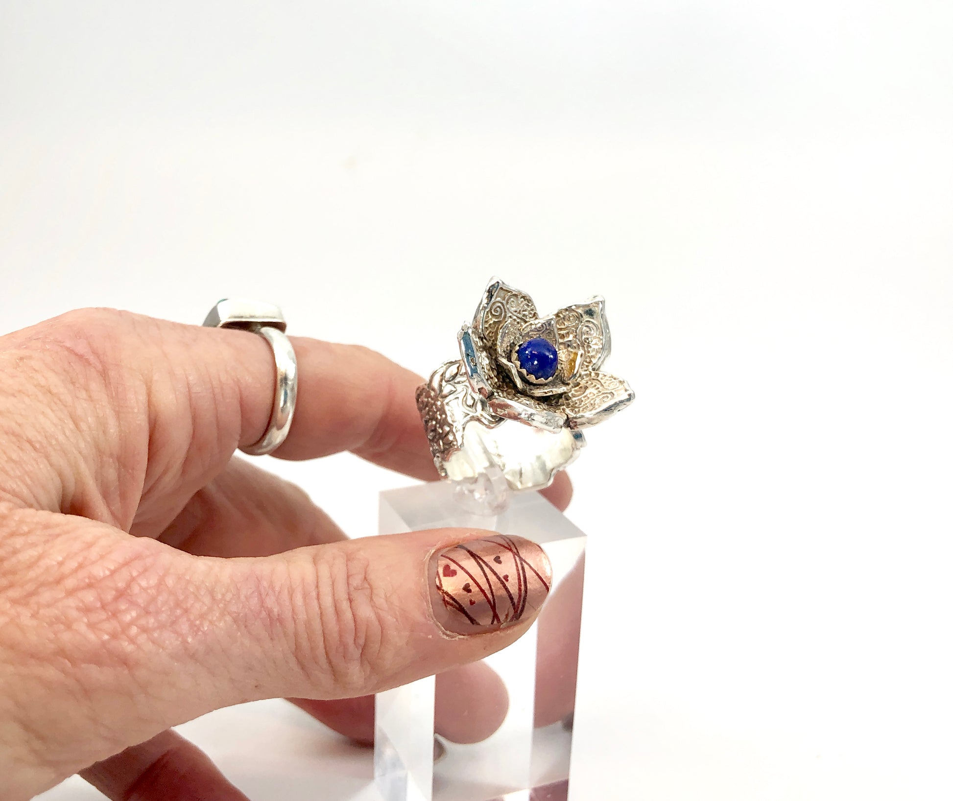 Sterling Lotus Flower Statement Ring with Lapis Center