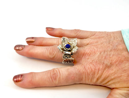 Sterling Lotus Flower Statement Ring with Lapis Center