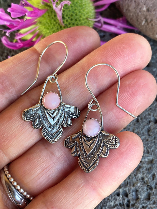 Sterling Silver And Pink Opal Mandala Dangle Earrings