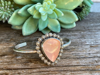 Sterling Silver And Rose Quartz Daisy Cuff