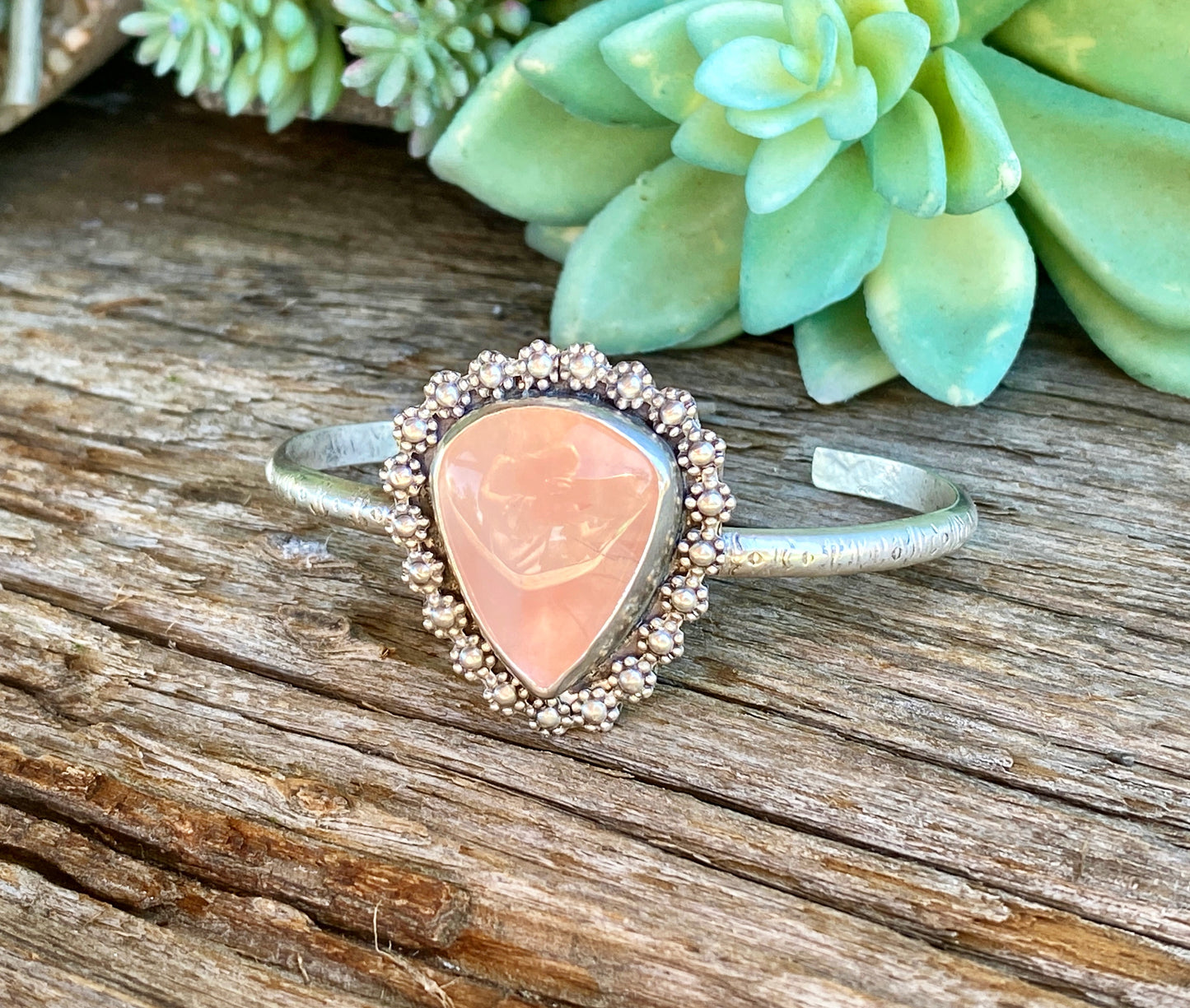 Sterling Silver And Rose Quartz Daisy Cuff
