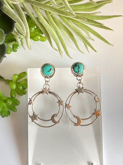 Small Kingman Turquoise And Sterling Star And Moon Galaxy Earrings