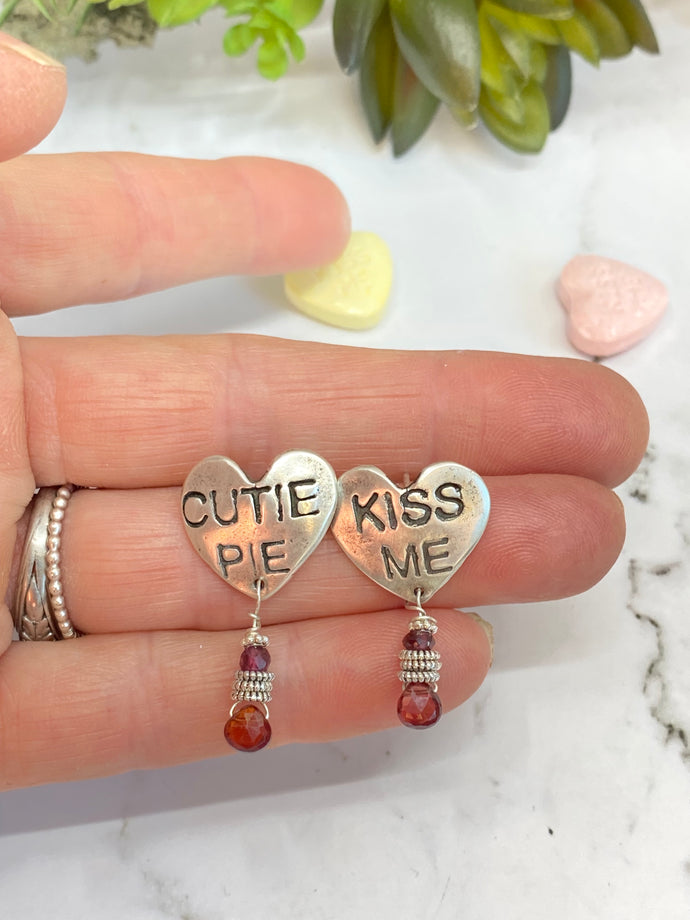 Sweet Tart Heart Earrings With Garnet Drops
